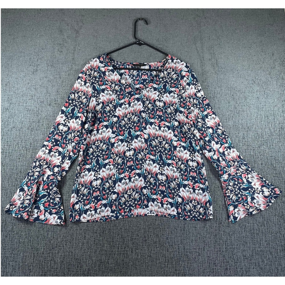Banana Republic Womens Navy Floral Bell Sleeve V-Neck Blouse Size M
